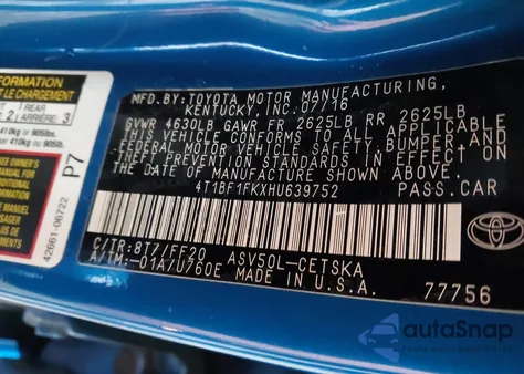 2017 Toyota Camry Le/Xle/Se/Xse from USA, damaged, VIN 4T1BF1FKXHU639752